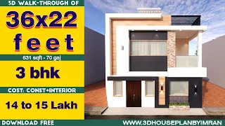 630 sqft house plan with 3 bhk II 22 x 36 ghar ka naksha II 22 x 36 home design no-121