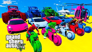 GTA V Mega Ramp Boats, Cars, Motorcycle with Trevor and Friends New Stunt Map Challenge