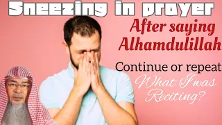 If I sneeze in prayer (tashahhud) & say Alhamdulillah, do I continue or repeat what I was reciting?