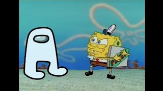 Amogus trying to get a pizza from Spongebob
