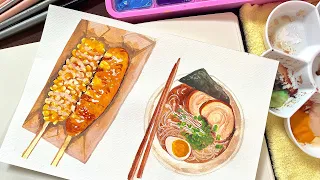 🫕Chill Art Vlog 🌭| Food Illustration 🍜in Miya Himi Gouache