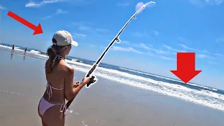 Chick catches MONSTER beach fish! // New Jersey Summer Surf Fishing