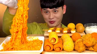 ASMR 치즈불닭볶음면🔥 뿌링클 닭다리🍗 뿌링 치즈볼 핫도그 소떡소떡 먹방~!! Spicy Cheese Noodles With 🧀 Ball Corn Dog MuKBang~!!