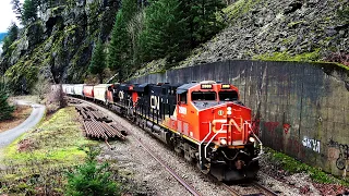 Canadian Freight Trains Curve Thru Multiple Tunnels Along The Historic Old Cariboo Highway!