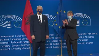 Albanian Prime Minister Edi Rama in Brussels with European Parliament David Sassoli