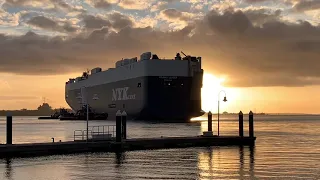 Tugboats Working Turning Massive Vehicle Carrier. Shipspotting. NYK LINE Volans Leader