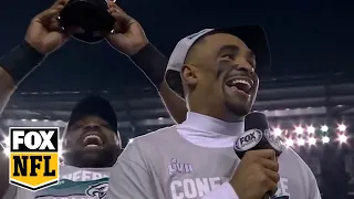 The Eagles hoist the NFC Championship trophy and Jalen Hurts leads fans in singing 'Fly Eagles Fly'