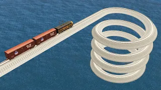 Impossible Weird Spiral Rail Tracks Vs Trains Crossing Giant Pit - BeamNG.Drive