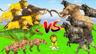 Giant elephant attacks dinosaur to rescue cow Cartoon rescue by woolly mammoth and T Rex dinosaur