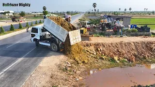 2 Project! Processing Filling Up The Land Next to the ring road, Bulldozer Komatsu D31P, Dump truck