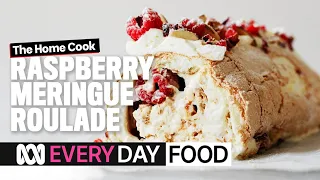 Raspberry meringue roulade with mascarpone cream | Everyday Food | ABC Australia