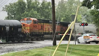 BIG Train On Hill Screaming & Sanding Wet Rails In Rain!  Down To A Crawl, 2nd Train Passes In a Row