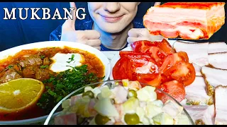 МУКБАНГ БОРЩ С САЛОМ ЗА УШИ НЕ ОТОРВЕШЬ! САЛАТ ОЛИВЬЕ АСМР | MUKBANG BORSCHT WITH LARD OLIVIER SALAD