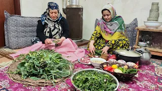 Cooking Gormeh sabzi with organic vegetables in the village! Gormeh sabzi