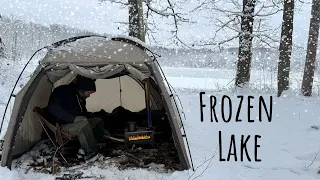 HOT TENT Camping in a SNOW STORM by a Frozen Lake