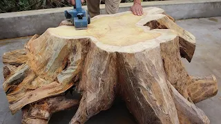 Amazing Idea Of Recycling Wood From Dry Stump Removed // Build Outdoor Large Wooden Table And Chairs