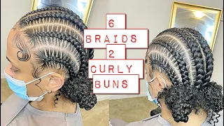 Detailed and Explained‼️ Trending 6 stitch feedin braids with 2 curly buns to the back | London Tayy