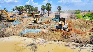 Incredible Both Dozer  Komatsu D60 Pushing Soil and Rock In Lake With Dump Truck 25Ton Fail Loading