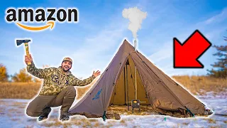 Overnight HOT TENT Winter Camping AMAZON Challenge!!!