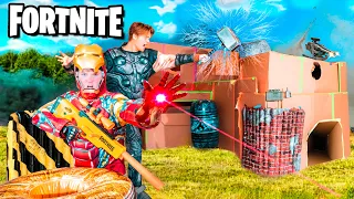 Real Life FORTNITE Iron Man BOX FORT BATTLE! AVENGERS Fortnite Nerf