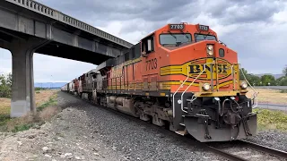 BNSF 3x0 PSAP Train with an H2 DC leader, BNSF Bonnet, and an ex ATSF Bonnet 601! Great horn solute!