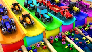 MINI & BIG TRACTOR vs SLIDE COLORS with PORTAL TRAP SOCCER BALLS - TRACTORS vs DEEP WATER! FS22