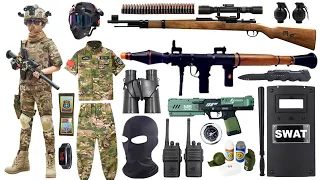 Special police weapon toy gun set unboxing, 98K sniper rifle, howitzer launcher, Glock pistol, bomb
