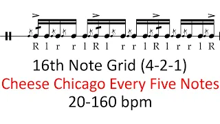 Cheese chicago every five notes | 20-160 bpm play-along 16th note grid drum practice sheet music