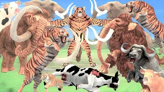 @animalprobattlesimulator Giant Tiger attack Elephant Cartoon Saved by Woolly Mammoth Vs TigerWolf