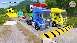 Double Flatbed Trailer Truck vs speed bumps|Busses vs speed bumps|Beamng Drive|494