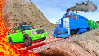 Trains vs Lava - Cars vs Double Rails and Train Crash - BeamNG Drive