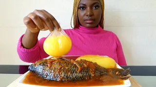 Asmr mukbang extra spicy fish pepper soup with starch fufu/Nigerian food mukbang