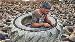 The Very Fine Repairing of Huge Tractor Tire By Hardworking Man With His Natural Skills