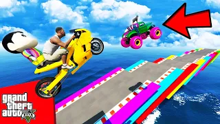 FRANKLIN TRIED IMPOSSIBLE BROKEN ROAD MEGA PARKOUR RAMP CHALLENGE CAR BIKE GTA 5 | SHINCHAN and CHOP