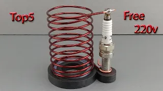 Top 5 Generator | How to Make 220v Free Electricity Energy At Home Using Spark Plug 100%