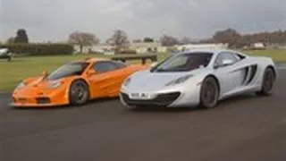 McLaren F1 takes on the MP4-12C on track