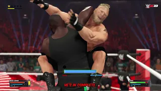 WWE 2K23 PS5 - Omos hits a devastating kick on Brock Lesnar during a pre-WrestleMania brawl: Raw