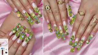 BUTTERFLY FLOWER GARDEN MOSS NAILS I POLYGEL NAILS TUTORIAL I MELODYSUSIE CORDLESS NAIL DRILL & LAMP
