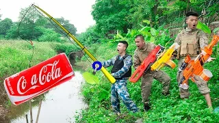 Battle Nerf War: Competition Go fishing Nerf Guns Robbers Group COCACOLA BATTLE