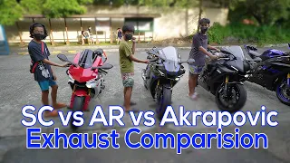 Exhaust Comparison Yamaha R1 SC, Austin Racing, Akrapovic