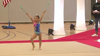 Rhythmic gymnast level 5,6 years old Mila on her first competition of the season,rhythmic girl USA