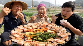 Grilled pork belly & Green onion kimchi & Fried rice - Mukbang eating show