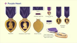 Purple Heart Medal (PM), How it is worn as a Ribbon, Miniature medal, Full-size Medal and Displayed.