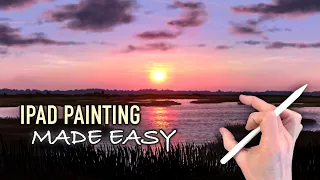 LANDSCAPE PAINTING TUTORIAL - Sunset Marsh Shoreline in Procreate on iPad