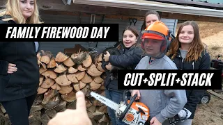 Firewood Day! [The Whole Family Takes over to Cut+Split+Stack]