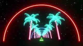 4K Abstract Tropical Neon Lights Glowing Circle Frame Palms Retrowave Loop Background Live Wallpaper