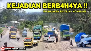 Dangerous moment driving truk, bus, cars fails in extremely bad road climb