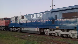 dois trens da rumo logística passando pelo pátio de itirapina (c30-7 9206 abril azul)