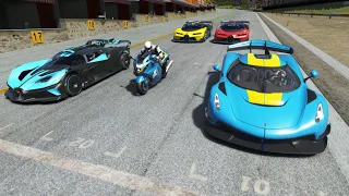 Suzuki Hayabusa '22 vs Bugatti Bolide '20 vs Koenigsegg Jesko '20vs Bugatti Vision GT '12 at Old SPA