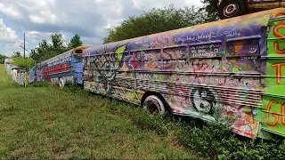 Exploring Abandoned School Bus Graveyard with great Graffiti art
